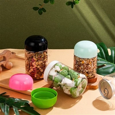 Barattoli di plastica trasparente da 550 ml con tappi rosa